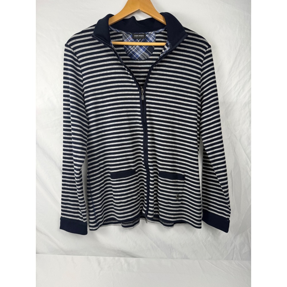 Gerry Weber Edition Size 12 Navy Gray Striped Full Zip Cotton Cardigan